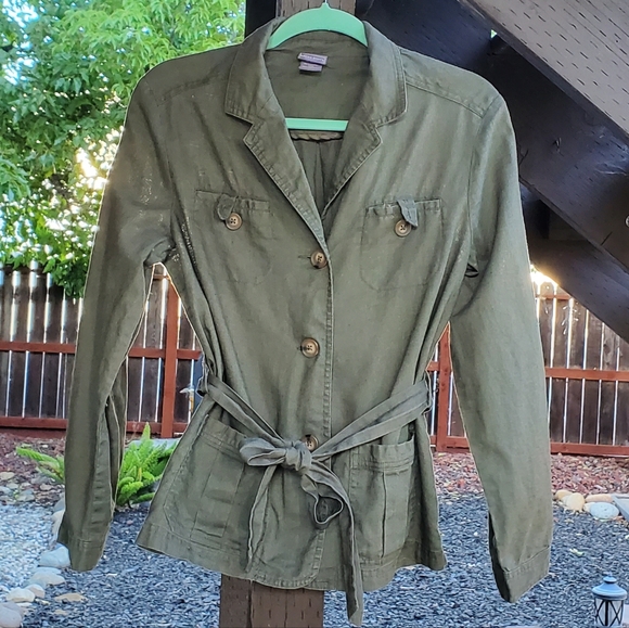 EUC - Laura Scott | Green Linen Button and Tie Jacket Size Petite Small - Picture 1 of 6